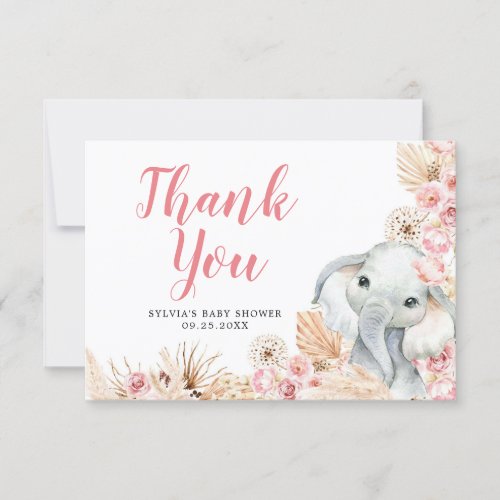 Pink Boho Elephant Girl Baby Shower Thank You Card