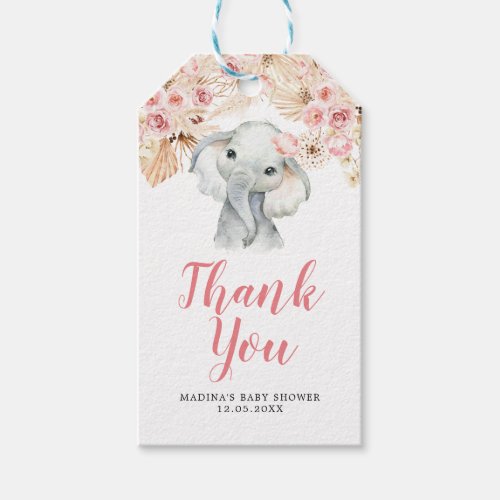 Pink Boho Elephant Girl Baby Shower Thank You Tag