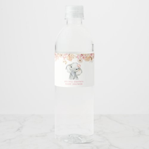 Pink Boho Elephant Girl Baby Shower Water Bottle Water Bottle Label