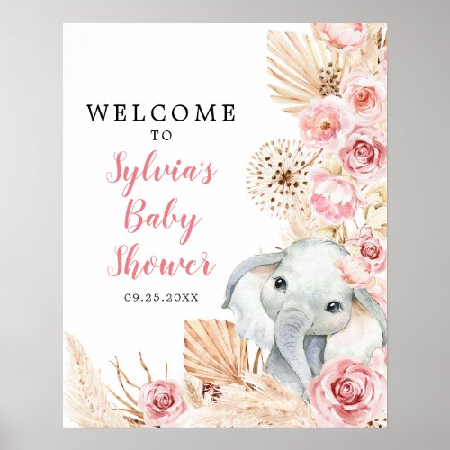 Pink Boho Elephant Girl Baby Shower Welcome Sign