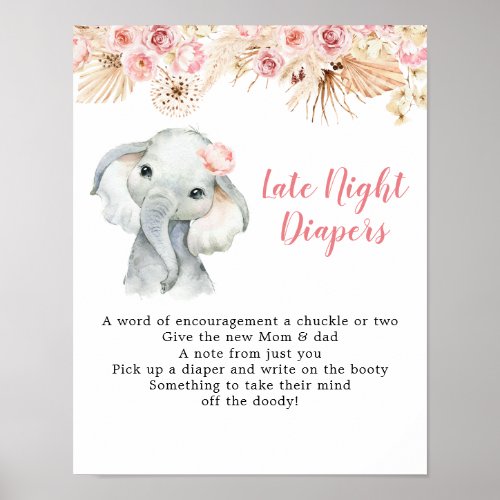 Pink Boho Elephant Girl Late Night Diaper Poster