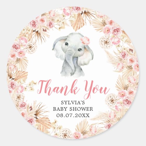 Pink Boho Elephant Girl Thank You Sticker