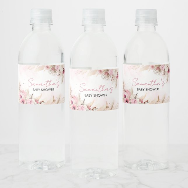 Pink Boho Fall Pumpkin Baby Shower Water Bottle Label (Bottles)