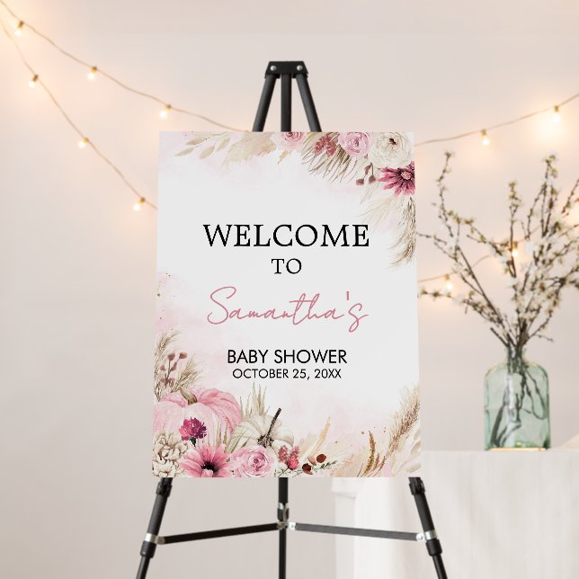 Pink Boho Fall Pumpkin Baby Shower Welcome Sign (In Situ (Stand))