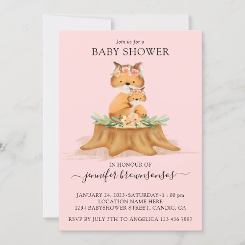 Pink Boho Family Fox Mommy Baby Shower Invitation
