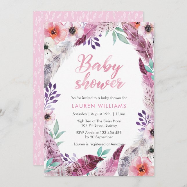 Pink Boho feather Baby Shower invitation (Front/Back)