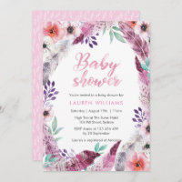 Pink Boho feather Baby Shower invitation