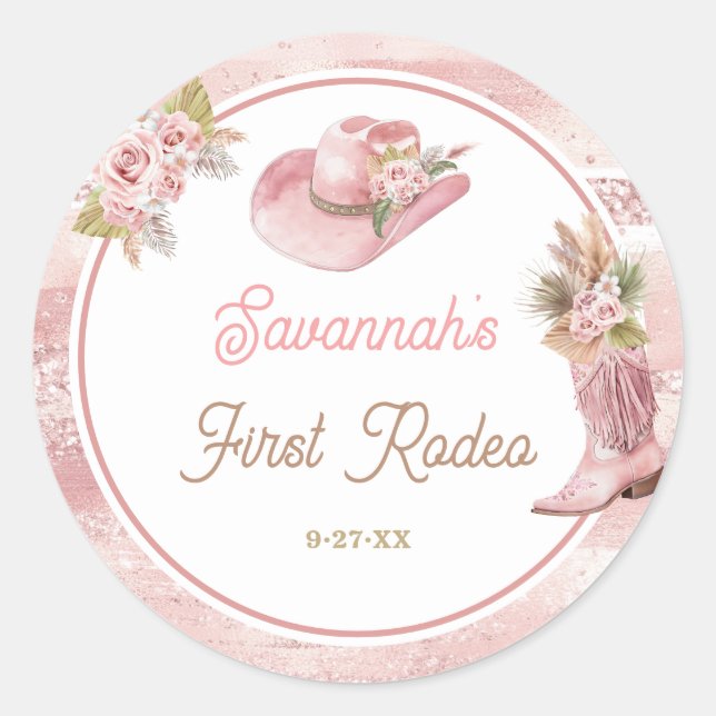 Pink Boho First Rodeo 1st Birthday Classic Round Sticker (Front)