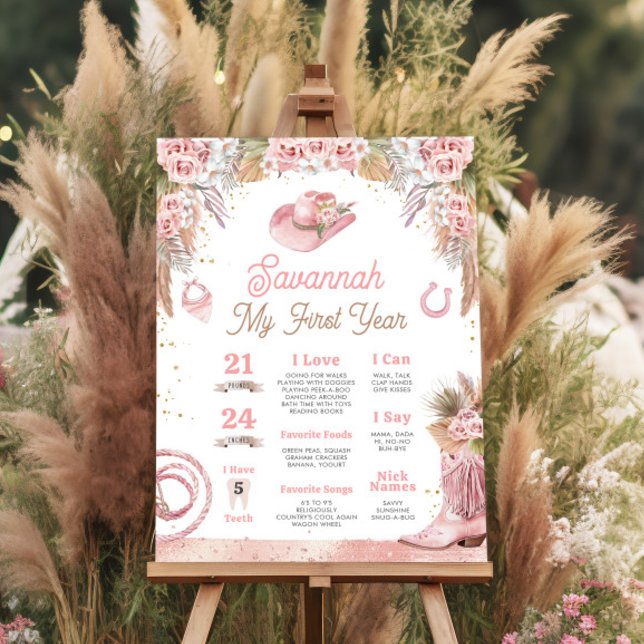 Pink Boho First Rodeo 1st Birthday Milestone 18x24 Foam Board (Pink Boho First Rodeo 1st Birthday Milestone 18x24 Foam Board)