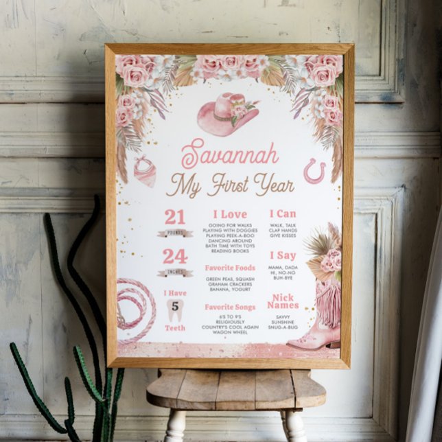 Pink Boho First Rodeo 1st Birthday Milestone 18x24 Poster (Pink Boho First Rodeo 1st Birthday Milestone 18x24 Poster)