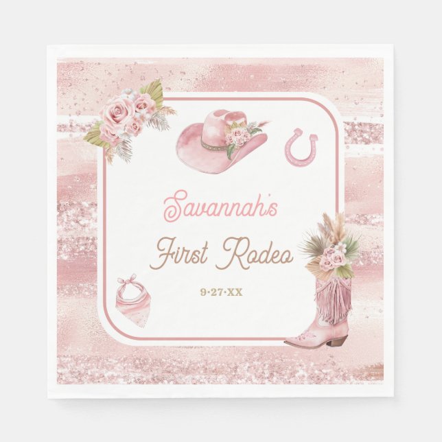 Pink Boho First Rodeo 1st Birthday Napkins (Front)