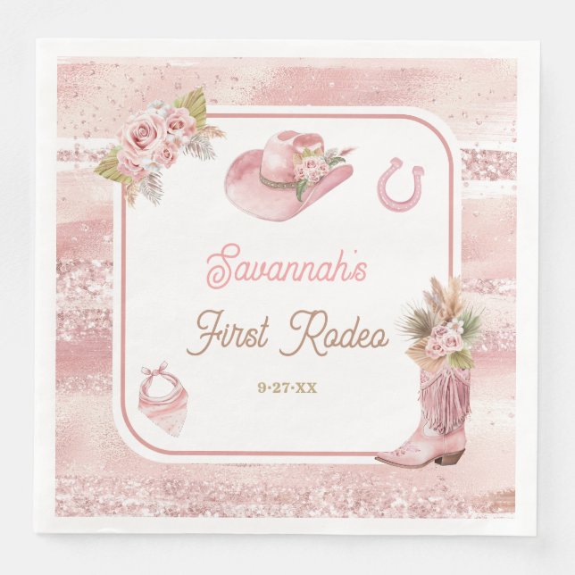 Pink Boho First Rodeo 1st Birthday Paper Dinner Napkins (Front)
