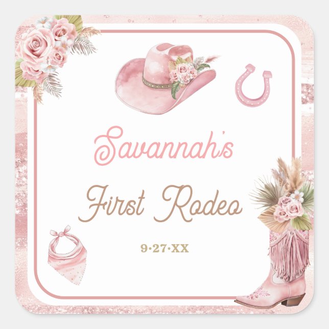 Pink Boho First Rodeo 1st Birthday Square Sticker (Front)