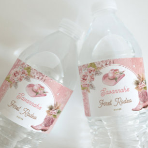 Pink Boho First Rodeo 1st Birthday Water Bottle Label