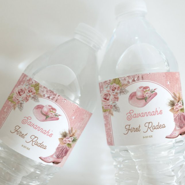 Pink Boho First Rodeo 1st Birthday Water Bottle Label (Pink Boho First Rodeo 1st Birthday Water Bottle Label)