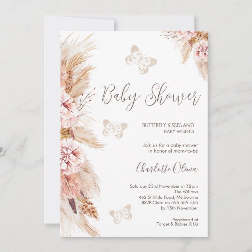 Pink Boho Floral And Butterflies Baby Shower Invitation