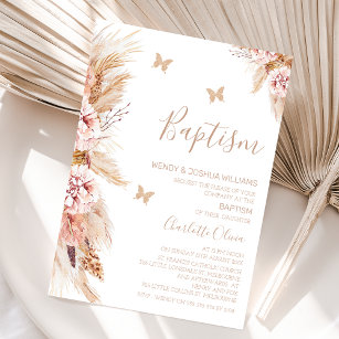 Pink Boho Floral And Butterflies Baptism Invitation