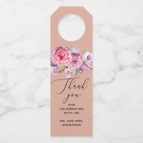 Pink boho floral and feathers wedding thank you bottle hanger tag