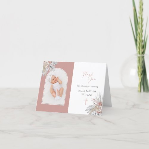 Pink Boho Floral Baptism Folded Arch Photo Collage Thank You Card