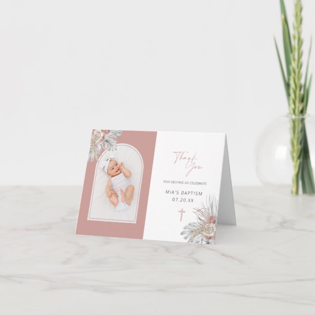 Pink Boho Floral Baptism Folded Arch Photo Collage Thank You Card (Front)