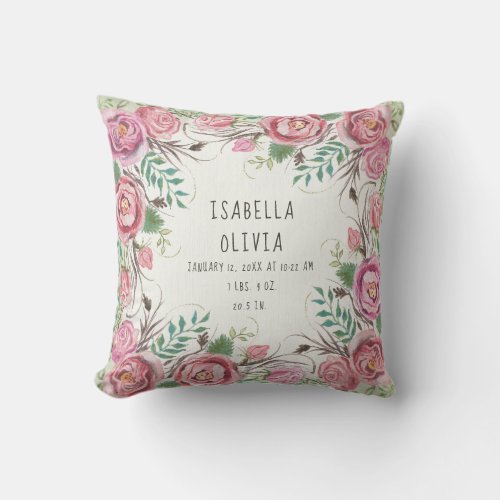Pink BOHO Floral Border Roses Fern Baby Name Stats Throw Pillow