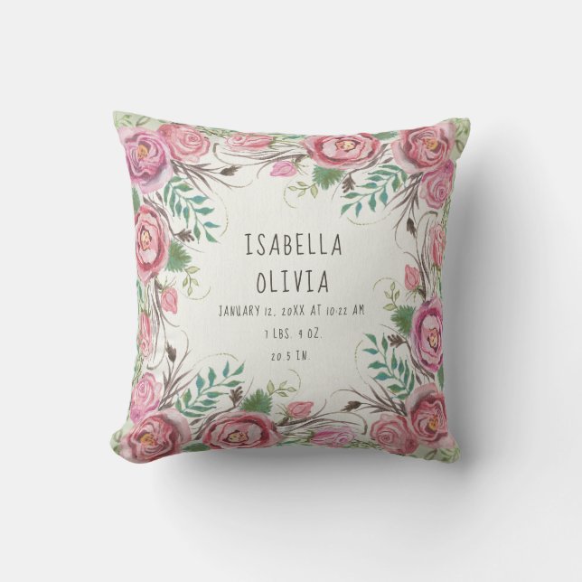 Pink BOHO Floral Border Roses Fern Baby Name Stats Throw Pillow (Front)