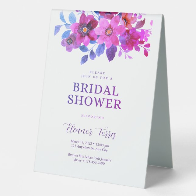 Pink boho floral bridal shower table tent (Front)