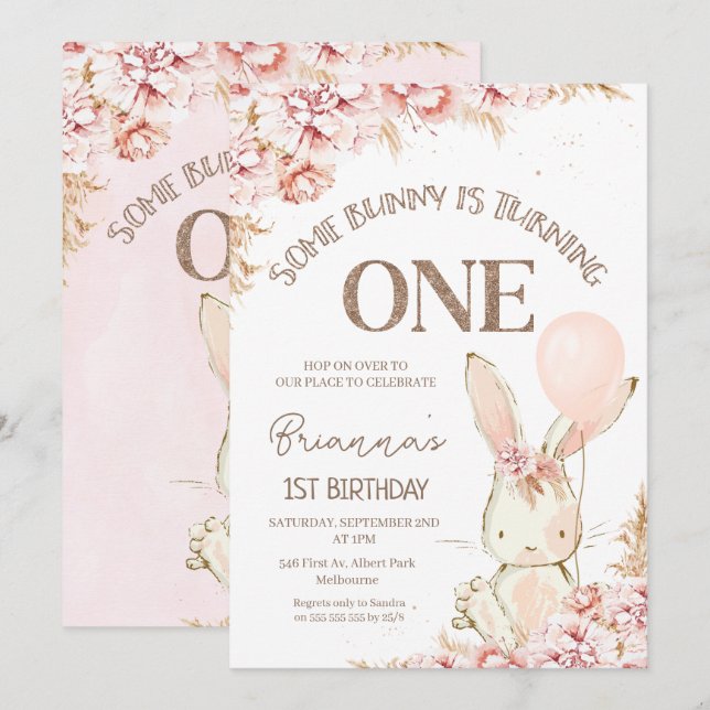 Pink Boho Floral Bunny 1st Birthday Invitation (Front/Back)