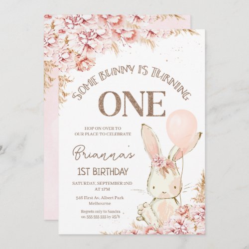 Pink Boho Floral Bunny 1st Birthday Invitation