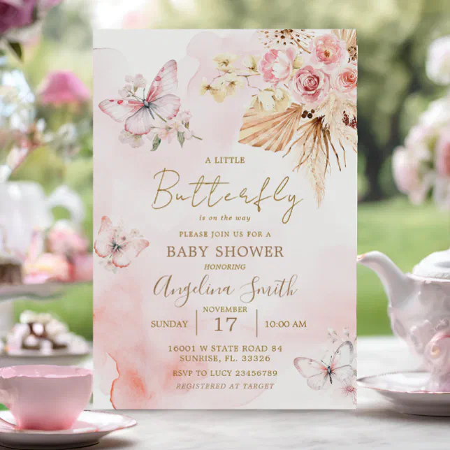 Pink Boho Floral Butterfly Baby Shower Invitation | Zazzle