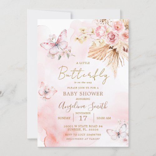 Pink Boho Floral Butterfly Baby Shower  Invitation