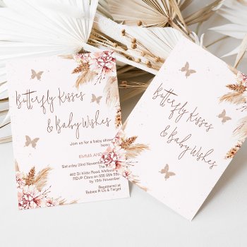 Pink Boho Floral Butterfly Kisses Baby Shower  Invitation by figtreedesign at Zazzle