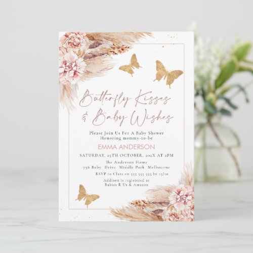 Pink Boho Floral Butterfly Kisses Baby Shower Invitation