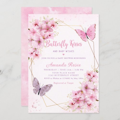 Pink Boho Floral Butterfly Kisses Girl Baby Shower Invitation