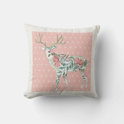 Pink BOHO Floral Deer w Antlers Dotted Flowers Throw Pillow