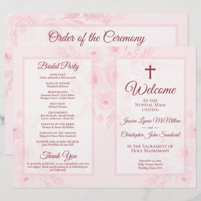 Pink Boho Floral DIY Fold Catholic Wedding Program (Front/Back)