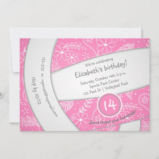 pink boho floral doodle volleyball sports birthday invitation (Front)