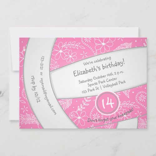 pink boho floral doodle volleyball sports birthday invitation