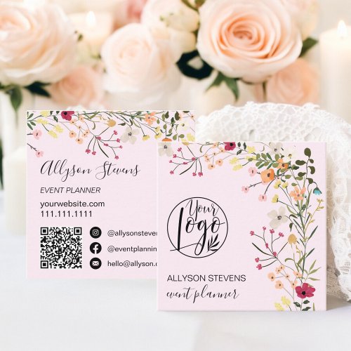 Pink Boho floral event planner logo qr code Square Business Card