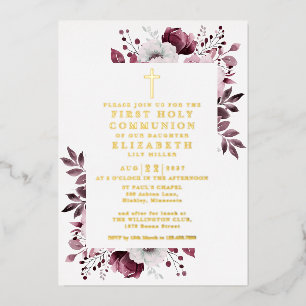 Pink Boho Floral First Holy Communion Gold Foil Invitation