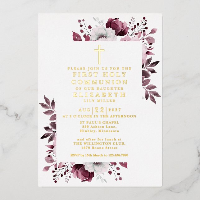 Pink Boho Floral First Holy Communion Gold Foil Invitation (Front)