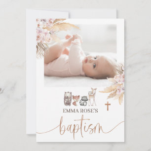Pink Boho Floral Gold Calligraphy Baptism  Invitation