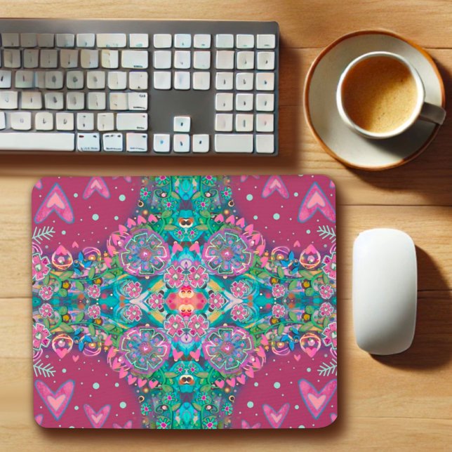 Pink Boho Floral Heart Pattern Cheerful Pretty  Mouse Pad (Creator Uploaded)