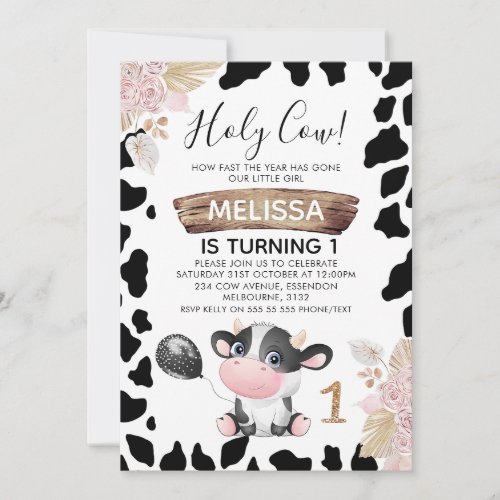 Pink Boho Floral Holy Cow 1st Birthday Invitation