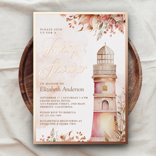 Pink Boho Floral Lighthouse Baby Shower Rose Gold Foil Invitation