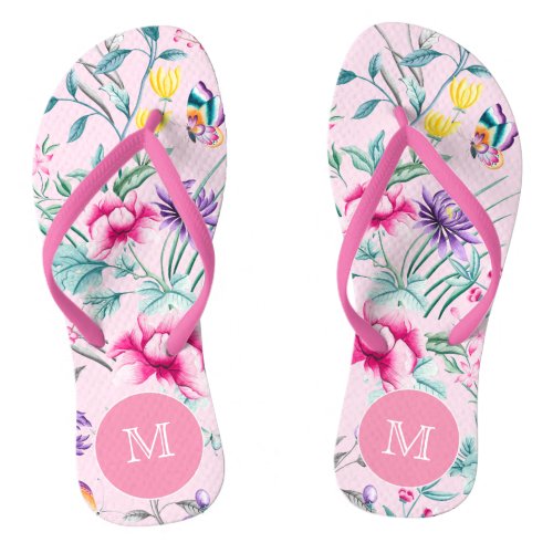 Pink Boho Floral Monogram Flip Flops