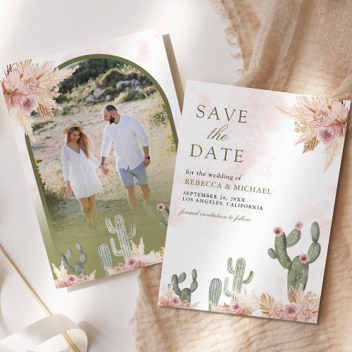 Pink Boho Floral Pampas Cactus Photo Wedding Save The Date