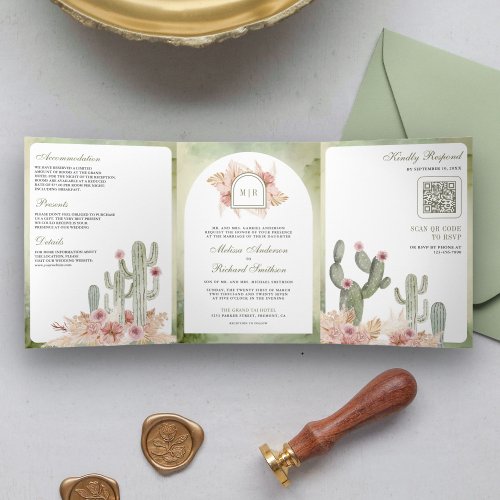 Pink Boho Floral Pampas Cactus QR Code Wedding Tri_Fold Invitation