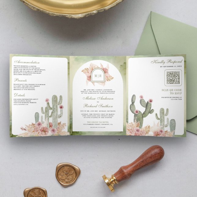 Pink Boho Floral Pampas Cactus QR Code Wedding Tri-Fold Invitation (Creator Uploaded)