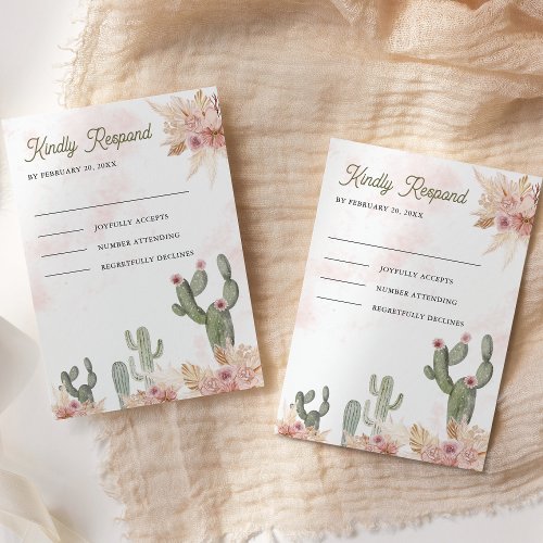 Pink Boho Floral Pampas Cactus Wedding RSVP Card